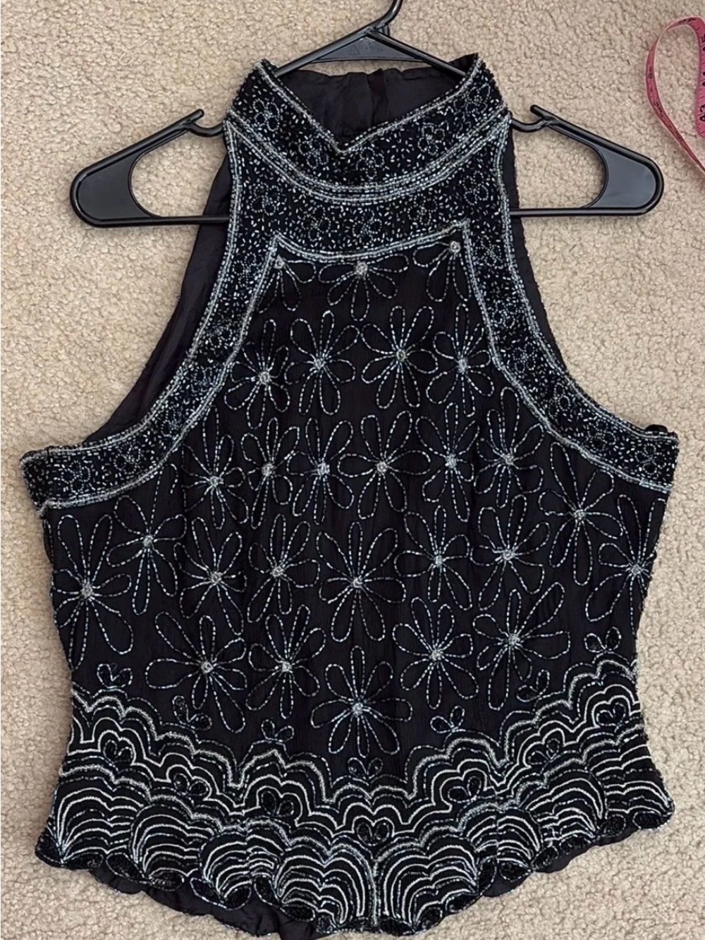 Adrianna Papell Boutique- Vintage- Black Beaded Halter Tank Top w/ Silver Floral
